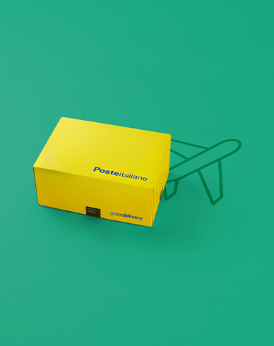 poste delivery web pacco giallo con icona aereo verde