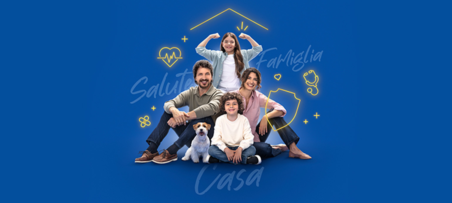 famiglia con cane su sfondo azzurro